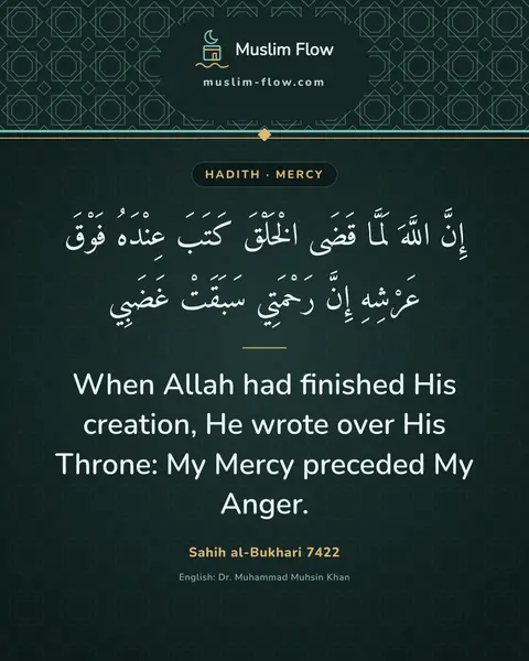 Sahih al-Bukhari 7422: When Allah had finished His creation, He wrote over His Throne: My Mercy preceded My Anger.