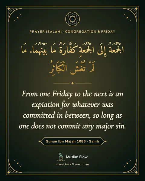 Sunan Ibn Majah 1086 · Sahih: From one Friday to the next is an expiation for whatever was committed in between, so long as one…