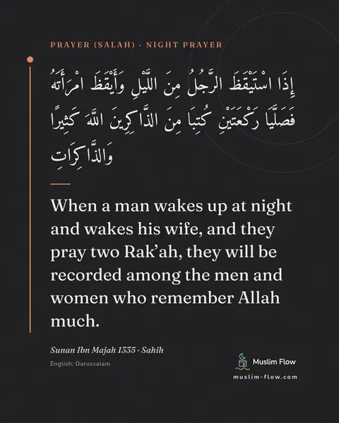 Sunan Ibn Majah 1335 · Sahih: When a man wakes up at night and wakes his wife, and they pray two Rak’ah, they will be recorded…