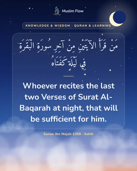 Sunan Ibn Majah 1369 · Sahih: Whoever recites the last two Verses of Surat Al-Baqarah at night, that will be sufficient for him.