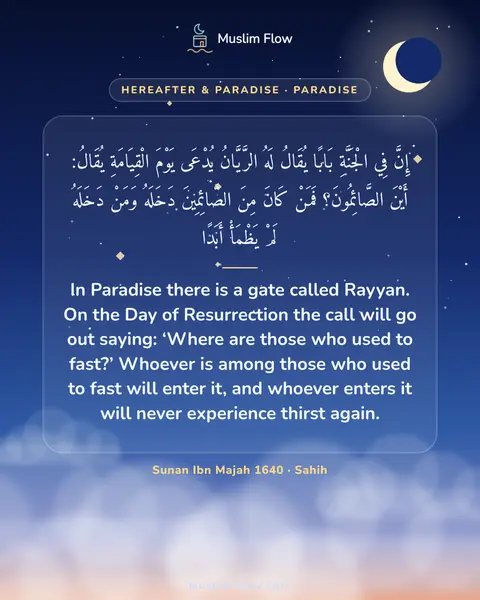 Sunan Ibn Majah 1640 · Sahih: In Paradise there is a gate called Rayyan. On the Day of Resurrection the call will go out saying…