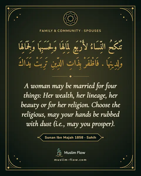 Sunan Ibn Majah 1858 · Sahih: A woman may be married for four things: Her wealth, her lineage, her beauty or for her religion…