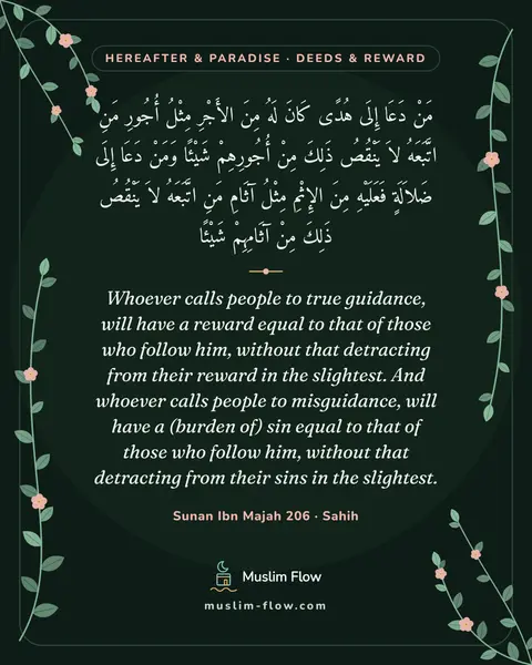 Sunan Ibn Majah 206 · Sahih: Whoever calls people to true guidance, will have a reward equal to that of those who follow him…