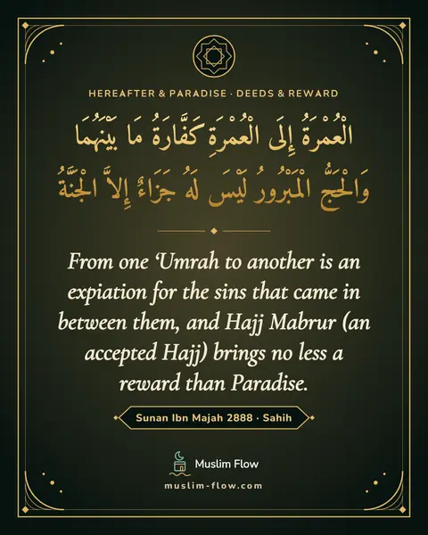 Sunan Ibn Majah 2888 · Sahih: From one ‘Umrah to another is an expiation for the sins that came in between them, and Hajj Mabrur…