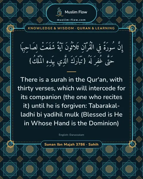 Sunan Ibn Majah 3786 · Sahih: There is a surah in the Qur'an, with thirty verses, which will intercede for its companion (the one…