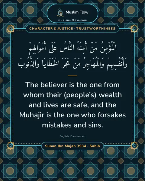 Sunan Ibn Majah 3934 · Sahih: The believer is the one from whom their (people’s) wealth and lives are safe, and the Muhajir is…