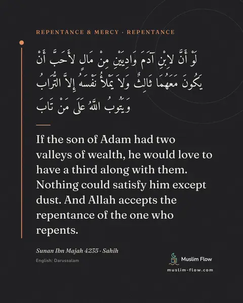 Sunan Ibn Majah 4235 · Sahih: If the son of Adam had two valleys of wealth, he would love to have a third along with them…