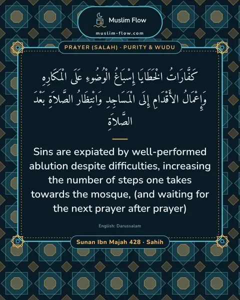 Sunan Ibn Majah 428 · Sahih: Sins are expiated by well-performed ablution despite difficulties, increasing the number of steps…