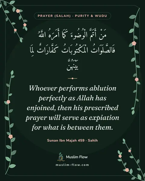 Sunan Ibn Majah 459 · Sahih: Whoever performs ablution perfectly as Allah has enjoined, then his prescribed prayer will serve as…