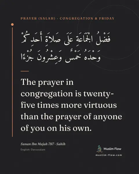 Sunan Ibn Majah 787 · Sahih: The prayer in congregation is twenty-five times more virtuous than the prayer of anyone of you on…
