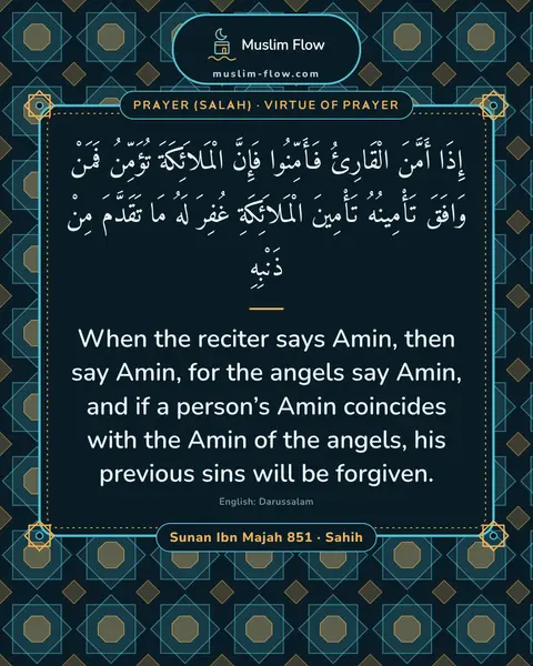 Sunan Ibn Majah 851 · Sahih: When the reciter says Amin, then say Amin, for the angels say Amin, and if a person’s Amin…