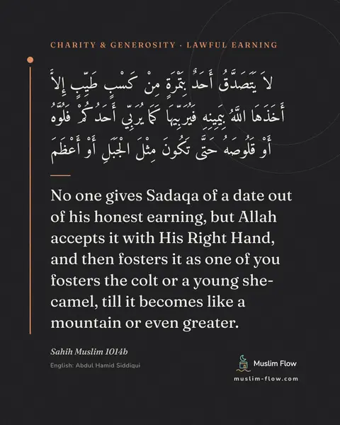 Sahih Muslim 1014b: No one gives Sadaqa of a date out of his honest earning, but Allah accepts it with His Right Hand…