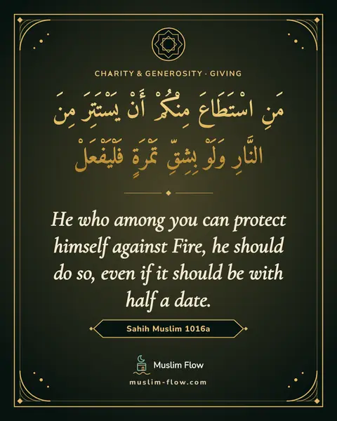 Sahih Muslim 1016a: He who among you can protect himself against Fire, he should do so, even if it should be with half…