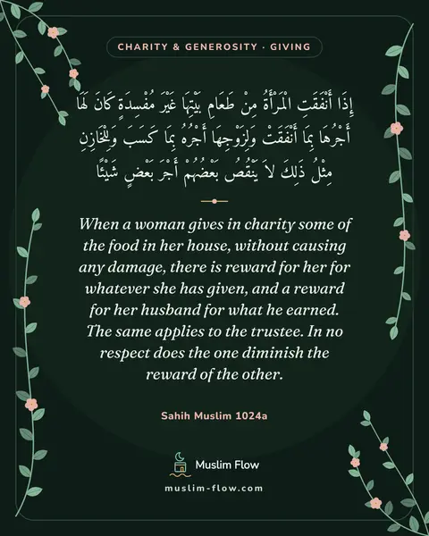 Sahih Muslim 1024a: When a woman gives in charity some of the food in her house, without causing any damage, there is…