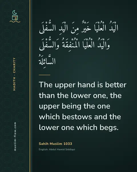Sahih Muslim 1033: The upper hand is better than the lower one, the upper being the one which bestows and the lower…