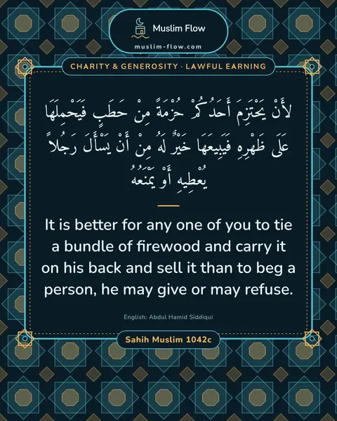 Sahih Muslim 1042c: It is better for any one of you to tie a bundle of firewood and carry it on his back and sell it…