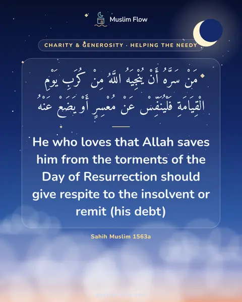 Sahih Muslim 1563a: He who loves that Allah saves him from the torments of the Day of Resurrection should give respite…