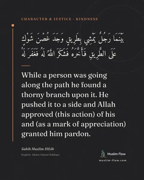 Sahih Muslim 1914b: While a person was going along the path he found a thorny branch upon it. He pushed it to a side…