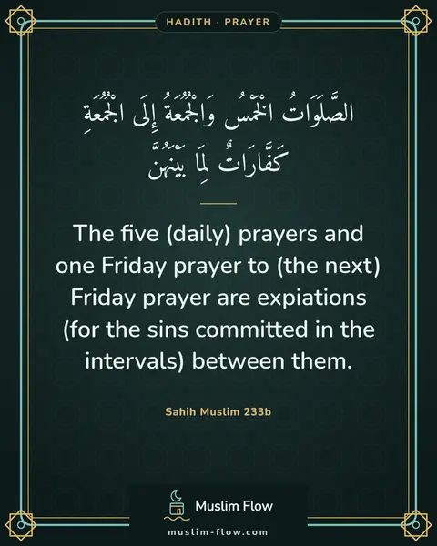 Sahih Muslim 233b: The five (daily) prayers and one Friday prayer to (the next) Friday prayer are expiations (for the…