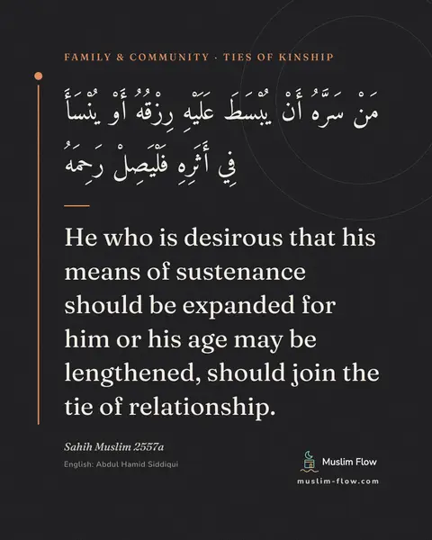 Sahih Muslim 2557a: He who is desirous that his means of sustenance should be expanded for him or his age may be…