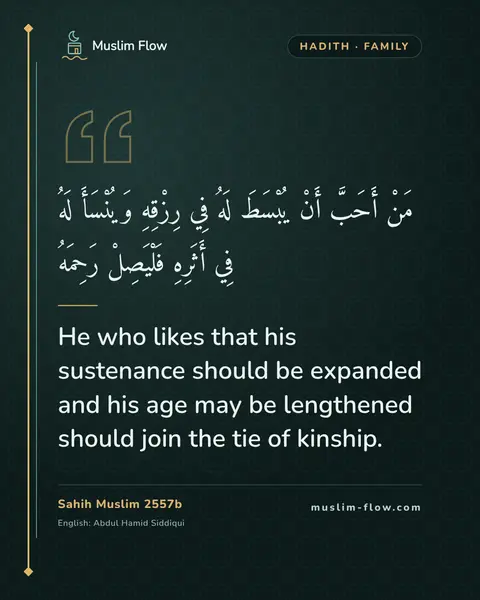 Sahih Muslim 2557b: He who likes that his sustenance should be expanded and his age may be lengthened should join the…