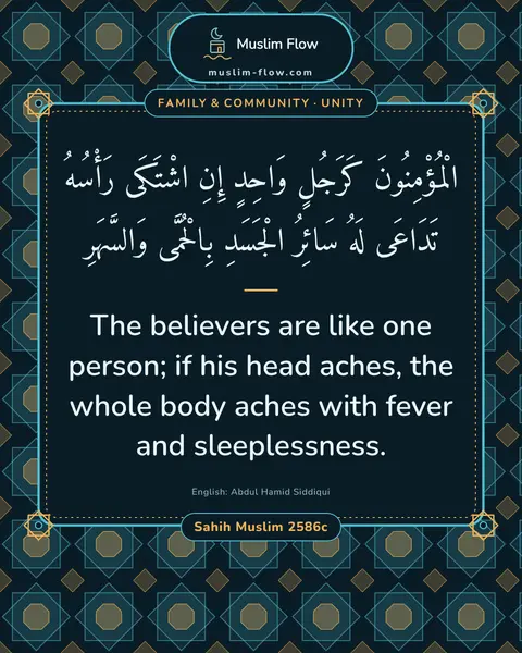 Sahih Muslim 2586c: The believers are like one person; if his head aches, the whole body aches with fever and…