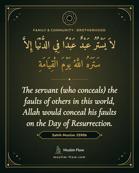 Sahih Muslim 2590b: The servant (who conceals) the faults of others in this world, Allah would conceal his faults on…
