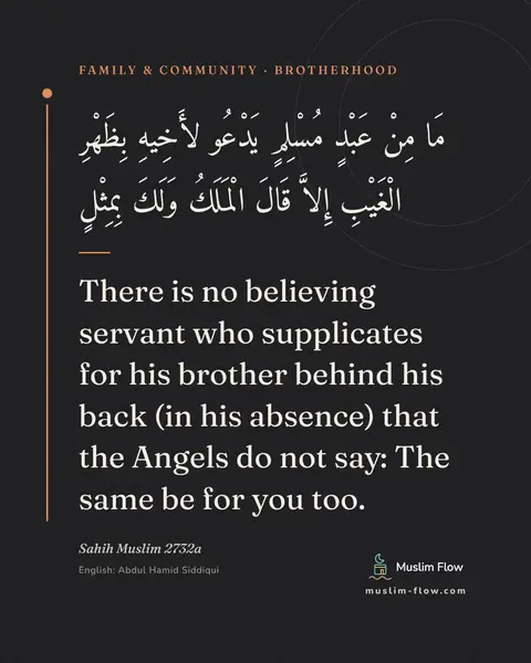 Sahih Muslim 2732a: There is no believing servant who supplicates for his brother behind his back (in his absence) that…