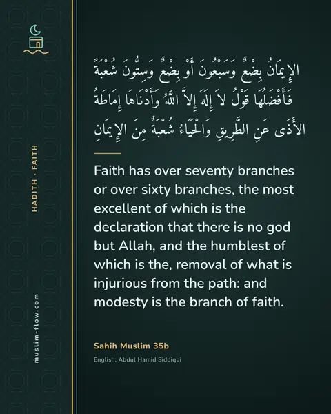 Sahih Muslim 35b: Faith has over seventy branches or over sixty branches, the most excellent of which is the…