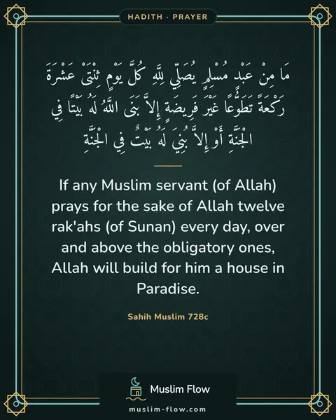 Sahih Muslim 728c: If any Muslim servant (of Allah) prays for the sake of Allah twelve rak'ahs (of Sunan) every day…
