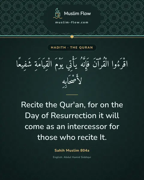 Sahih Muslim 804a: Recite the Qur'an, for on the Day of Resurrection it will come as an intercessor for those who…