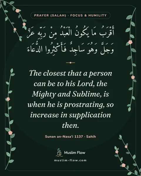 Sunan an-Nasa'i 1137 · Sahih: The closest that a person can be to his Lord, the Mighty and Sublime, is when he is prostrating, so…