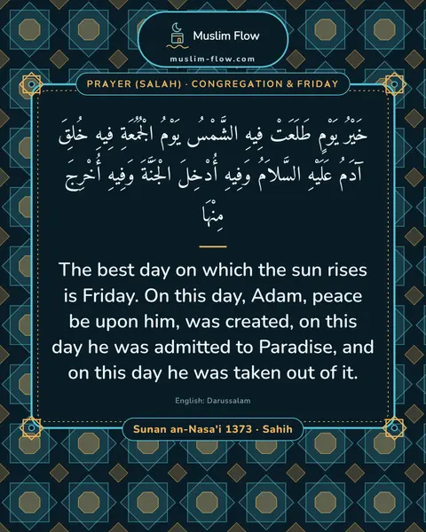 Sunan an-Nasa'i 1373 · Sahih: The best day on which the sun rises is Friday. On this day, Adam, peace be upon him, was created…