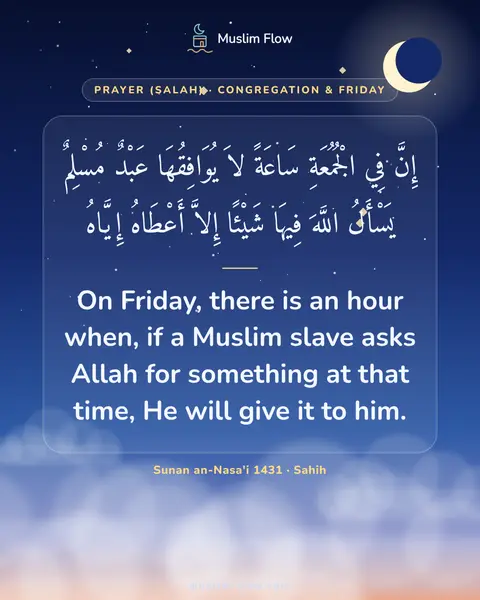 Sunan an-Nasa'i 1431 · Sahih: On Friday, there is an hour when, if a Muslim slave asks Allah for something at that time, He will…
