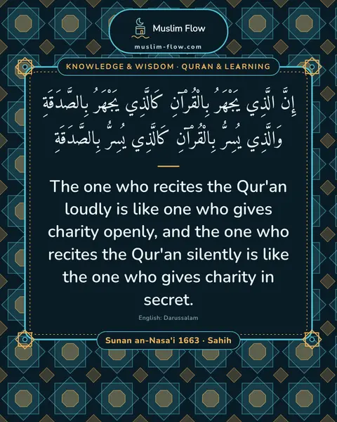 Sunan an-Nasa'i 1663 · Sahih: The one who recites the Qur'an loudly is like one who gives charity openly, and the one who recites…