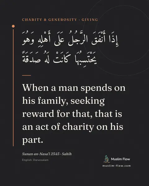 Sunan an-Nasa'i 2545 · Sahih: When a man spends on his family, seeking reward for that, that is an act of charity on his part.