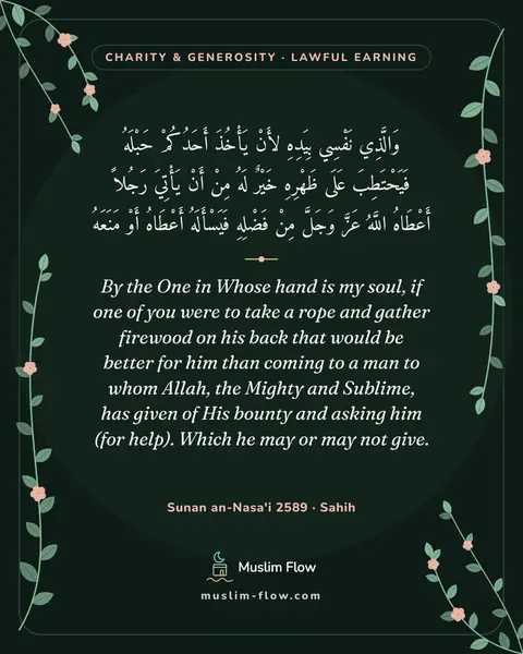 Sunan an-Nasa'i 2589 · Sahih: By the One in Whose hand is my soul, if one of you were to take a rope and gather firewood on his…