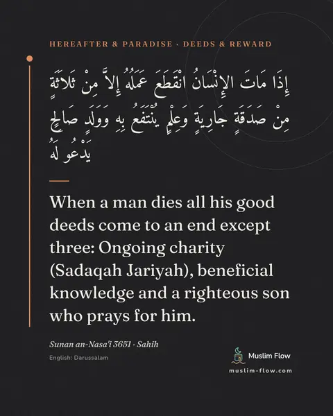 Sunan an-Nasa'i 3651 · Sahih: When a man dies all his good deeds come to an end except three: Ongoing charity (Sadaqah Jariyah)…