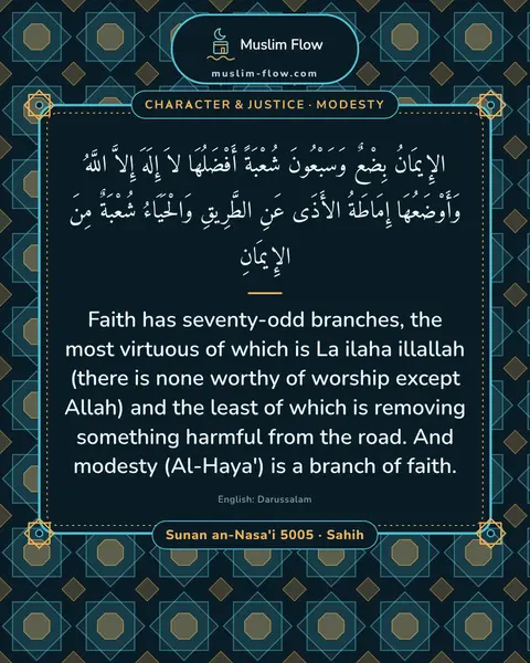 Sunan an-Nasa'i 5005 · Sahih: Faith has seventy-odd branches, the most virtuous of which is La ilaha illallah (there is none…