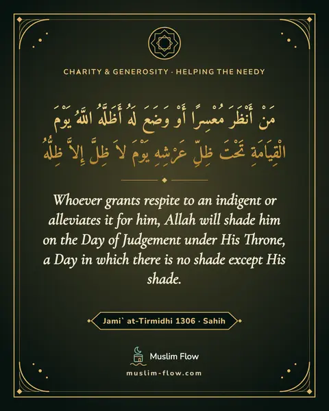 Jami` at-Tirmidhi 1306 · Sahih: Whoever grants respite to an indigent or alleviates it for him, Allah will shade him on the Day of…