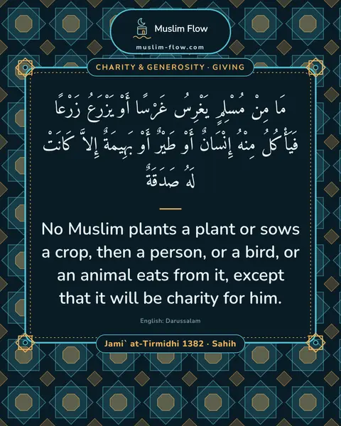 Jami` at-Tirmidhi 1382 · Sahih: No Muslim plants a plant or sows a crop, then a person, or a bird, or an animal eats from it…