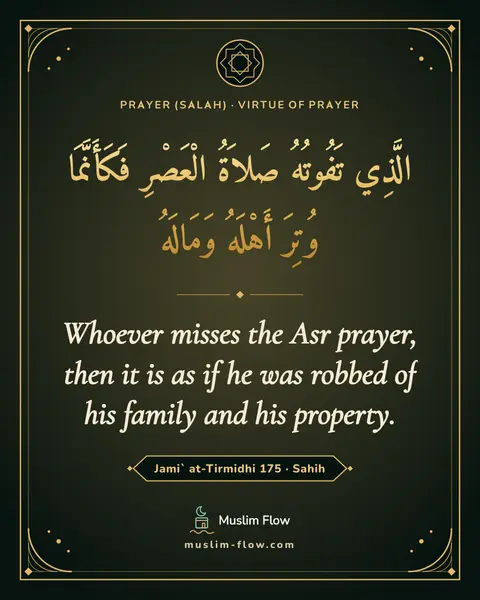 Jami` at-Tirmidhi 175 · Sahih: Whoever misses the Asr prayer, then it is as if he was robbed of his family and his property.