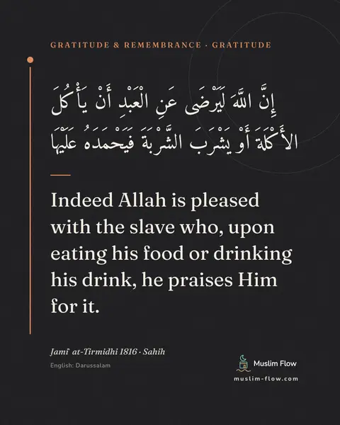 Jami` at-Tirmidhi 1816 · Sahih: Indeed Allah is pleased with the slave who, upon eating his food or drinking his drink, he praises…