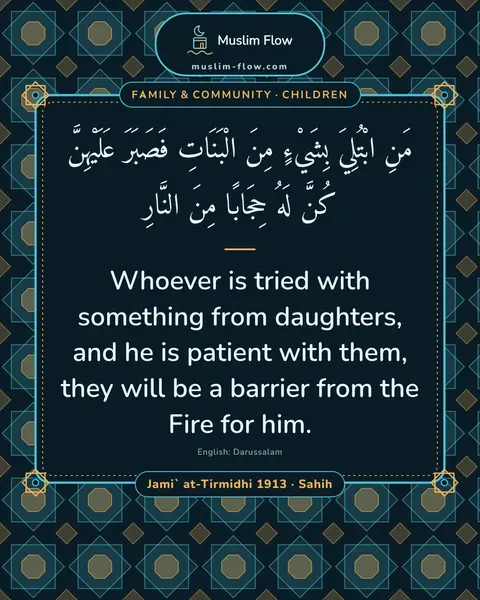 Jami` at-Tirmidhi 1913 · Sahih: Whoever is tried with something from daughters, and he is patient with them, they will be a barrier…