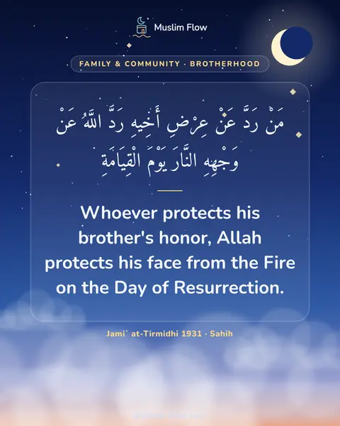 Jami` at-Tirmidhi 1931 · Sahih: Whoever protects his brother's honor, Allah protects his face from the Fire on the Day of…