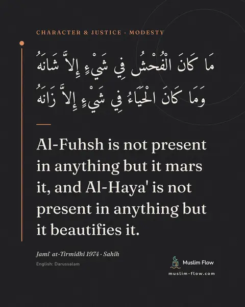 Jami` at-Tirmidhi 1974 · Sahih: Al-Fuhsh is not present in anything but it mars it, and Al-Haya' is not present in anything but it…