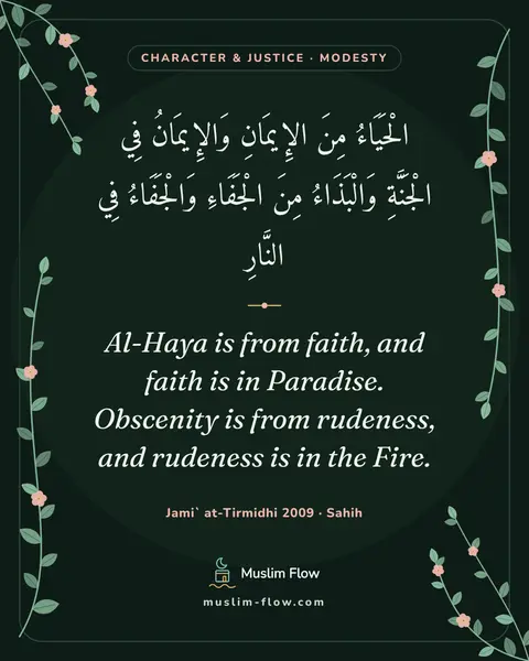 Jami` at-Tirmidhi 2009 · Sahih: Al-Haya is from faith, and faith is in Paradise. Obscenity is from rudeness, and rudeness is in the…