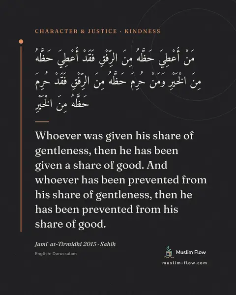 Jami` at-Tirmidhi 2013 · Sahih: Whoever was given his share of gentleness, then he has been given a share of good. And whoever has…