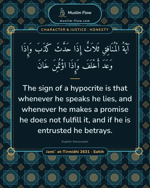Jami` at-Tirmidhi 2631 · Sahih: The sign of a hypocrite is that whenever he speaks he lies, and whenever he makes a promise he does…
