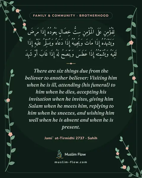 Jami` at-Tirmidhi 2737 · Sahih: There are six things due from the believer to another believer: Visiting him when he is ill…